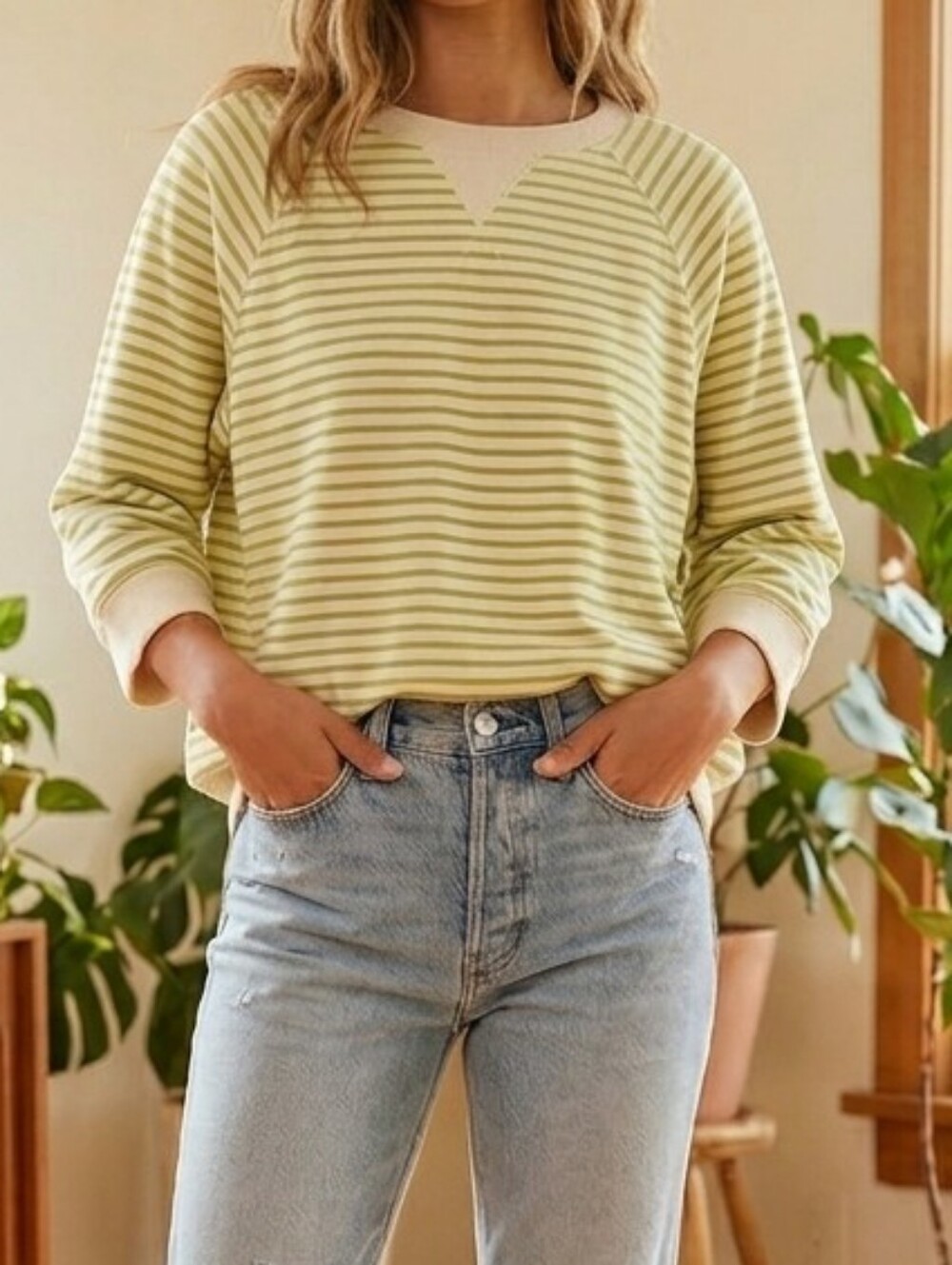 Green & White Striped Raglan Pullover Sweatshirt Oversized Comfy Top Size Large